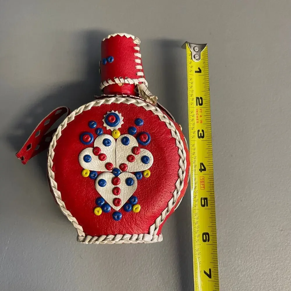Vintage Genuine Leather Handmade Tribal Red Covered Glass Bottle Canteen Flask